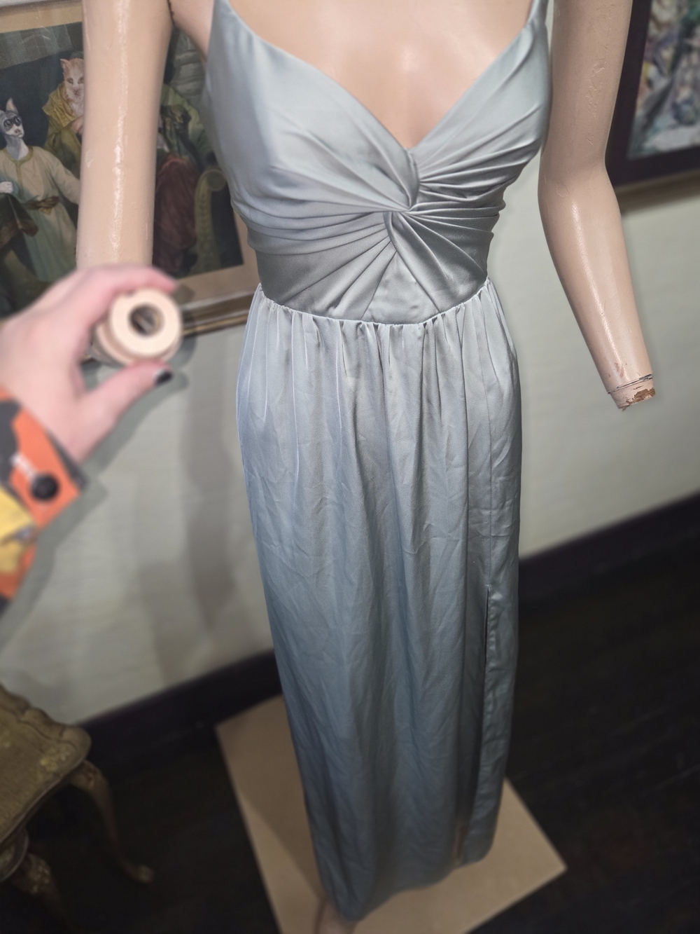 Azazie Satin Twist-Front Maxi Dress in Light sage